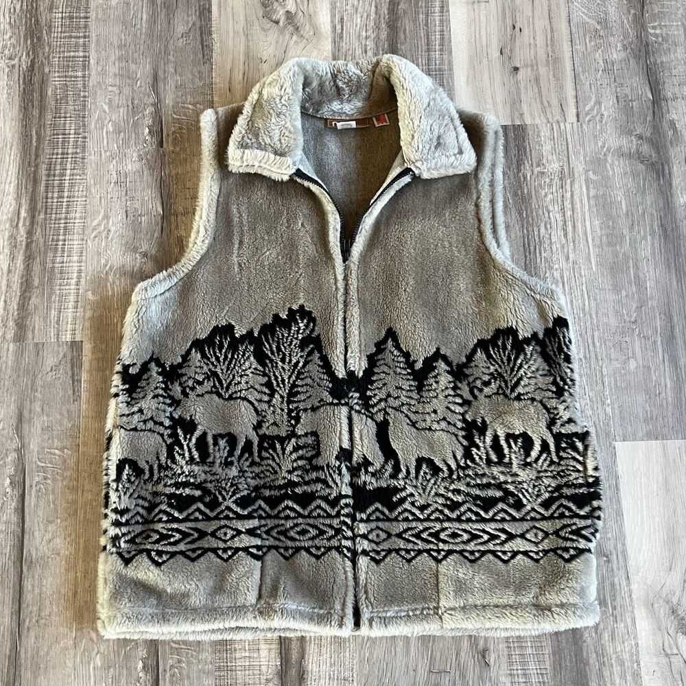 Andrea Faye Womens XL Fleece Vest Cozy Cabincore Wildlife Outdoors Camp Hike